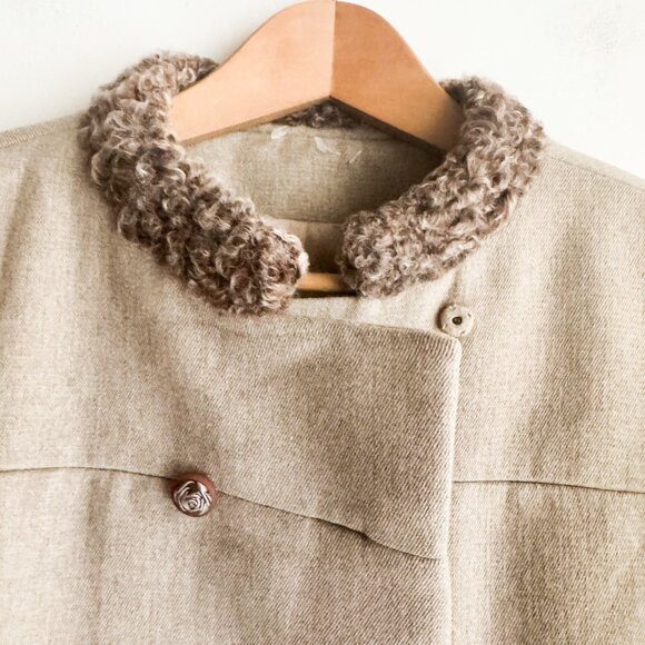 Vintage Katzman Light Beige Wool Fur Trim Winter Blazer Jacket Union Made S/M - Picture 5 of 13